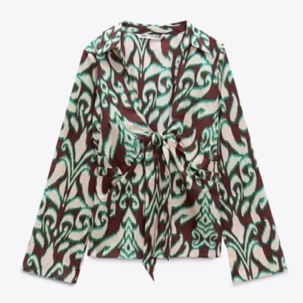 Zara Selena Tie Front Printed Blouse Sz S NWT